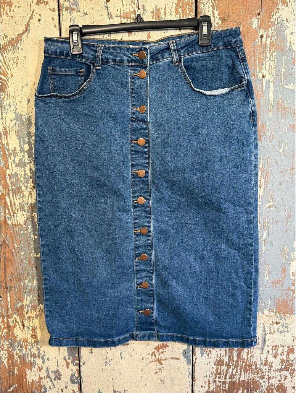 The Main Street Exchange midi denim button front skirt, size 12